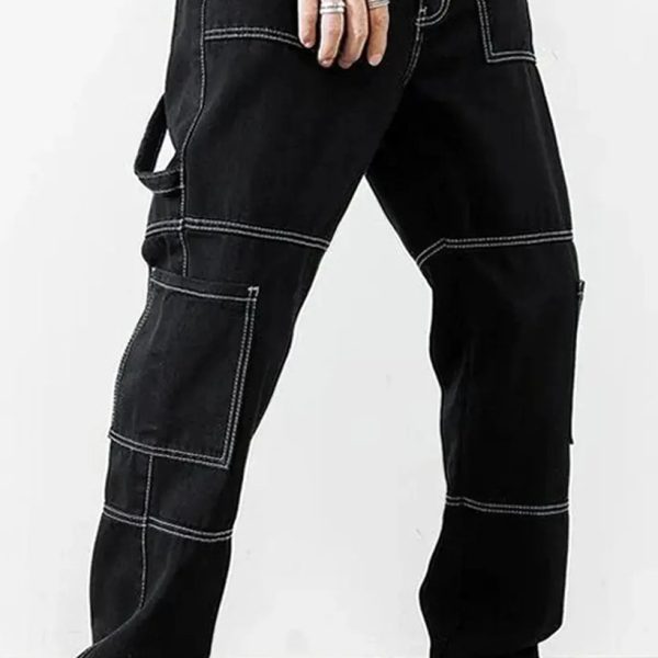 Men Contrast Stich Multiple Pockets Baggy Cargo In Black