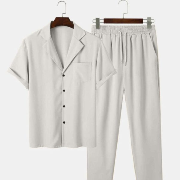 Men Two Piece Outfit Casual Basic Short Sleeved Button Up Shirt & Straight Leg Pant In Grey