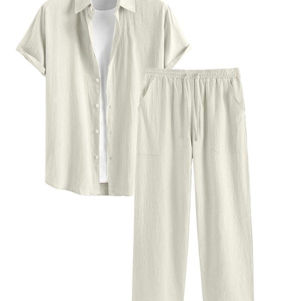 Men Two Piece Outfits Summer Comfortable Casual Short Sleeves Shirt And Pant Without Tee