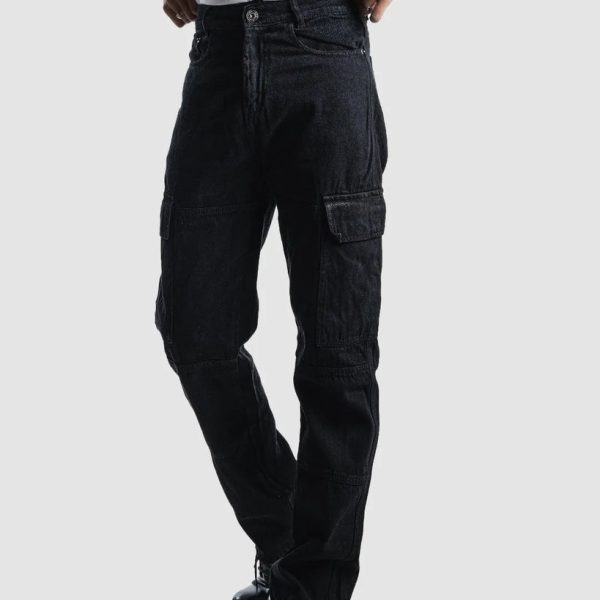 Men Straight Fit High-Rise Black Cargo Jeans