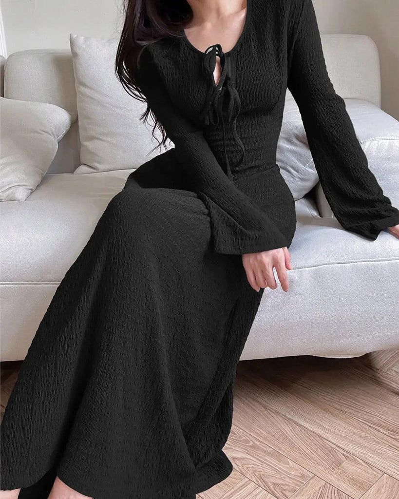 Solid Color Front Tie Long Sleeve Casual Long Dress In Black - Image 1