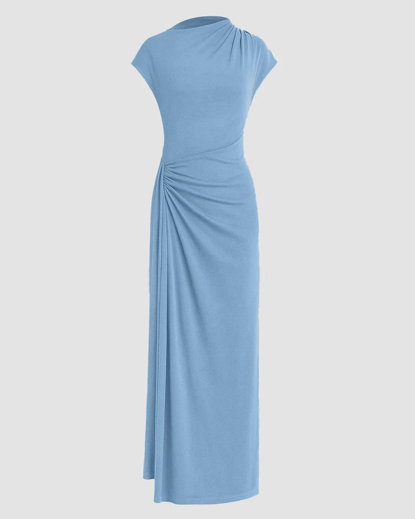 High Neck Solid Twist Ruched Split Maxi Dress In Powder Blue - Image 1