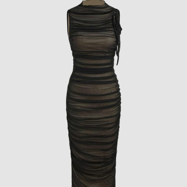 Sleeveless Mesh Midi Dress With Ruched High Neck