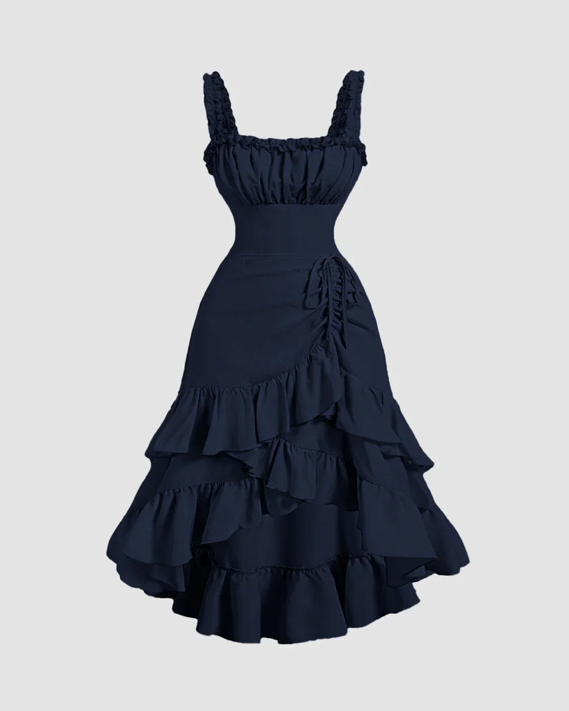 Navy Blue Ruched Square Neck Ruffle High-Low Midi Dress with Ruffle Hem - Image 1