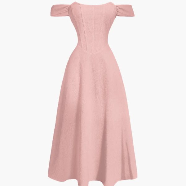 Powder Pink Faux Fishbone Design Romantic Off-Shoulder Dress