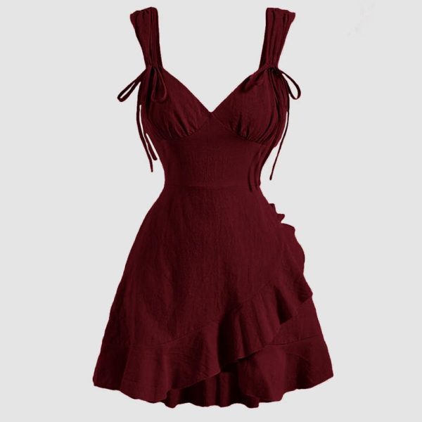 Ruffle Wrap V Neck Short Sleeve Tie Knot Short Dress In Maroon