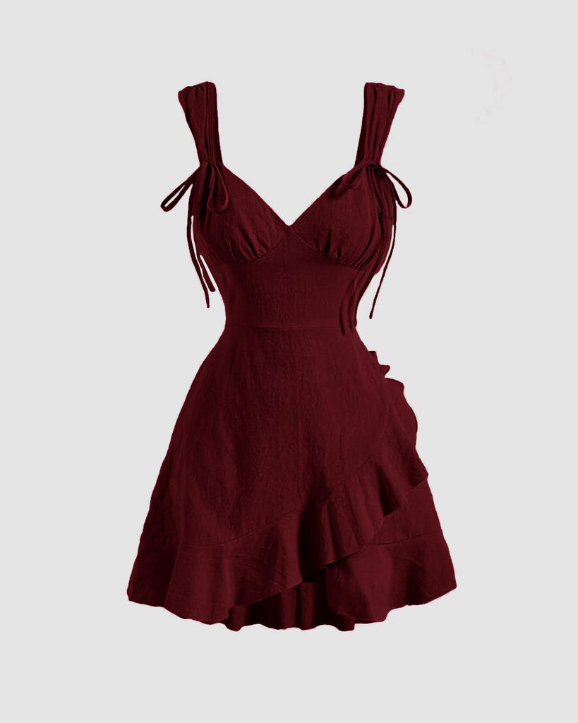 Ruffle_Wrap_V_Neck_Short_Sleeve_Tie_Knot_Short_Dress_In_Maroon_1024x1024.jpg Ruffle Wrap V Neck Short Sleeve Tie Knot Short Dress In Maroon - Image 1