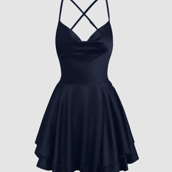 Solid Color Cowl Neck Cross Spaghetti Strap Backless Boho Dress In Navy Blue