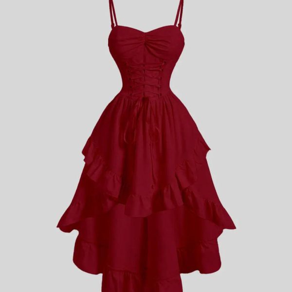 Solid Color Sweetheart Neckline Cross Tie Rod Ruffle Edge Red Dress
