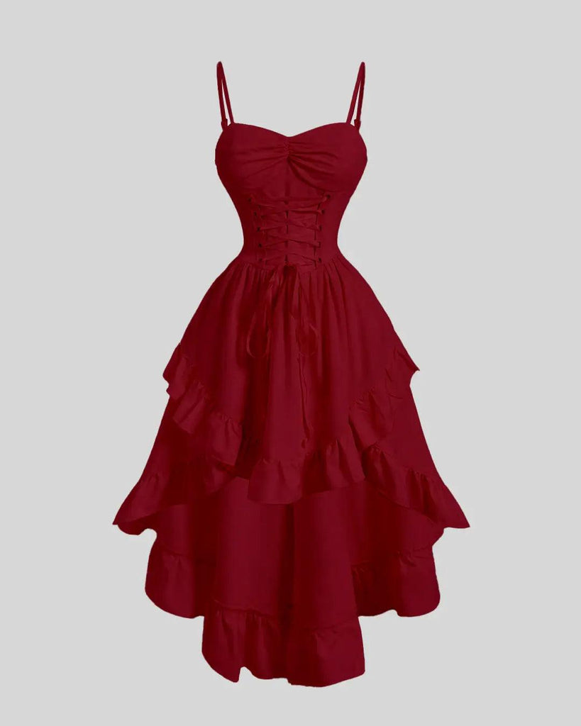 Solid Color Sweetheart Neckline Cross Tie Rod Ruffle Edge Red Dress - Image 1