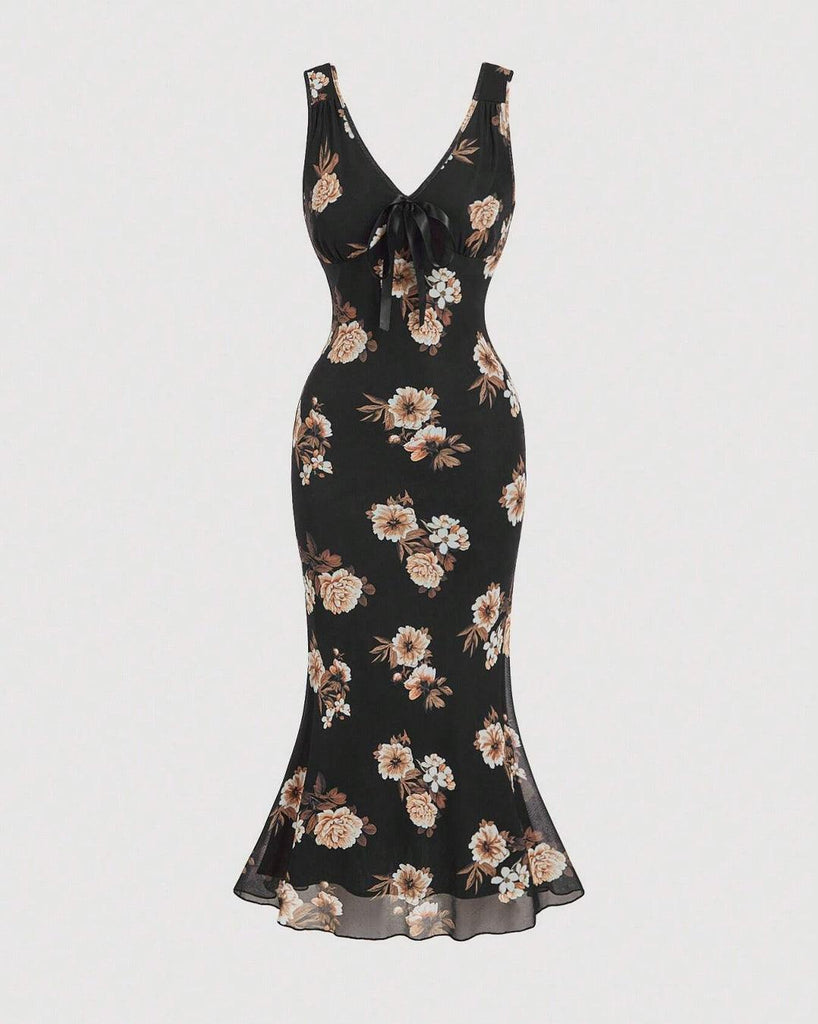 Vintage Printed Vest Dress With Front V-Neck Bow - Image 1