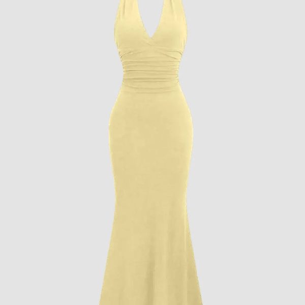 Solid Color Halter Backless Vanilla Mermaid Dress