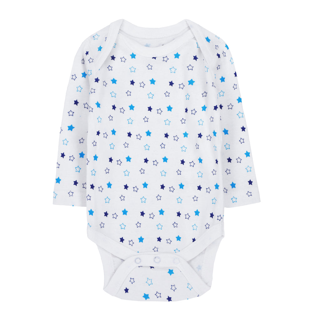 fs-495-blue-stars-print-baby-bodysuit.jpg 2PK Cotton Baby Bodysuit FS-495 - Soft, Breathable Long Sleeve Bodysuit for Easy Wear | Featherhead - Image 1